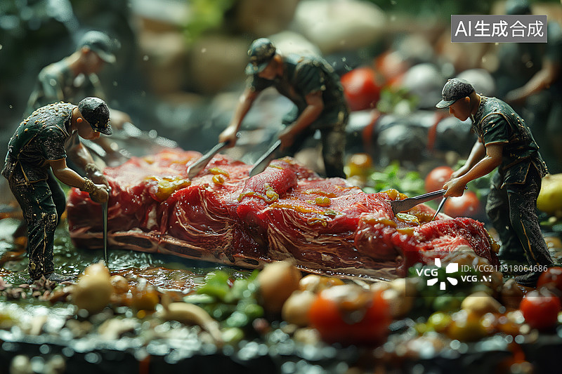【AI数字艺术】微缩世界一群小人偶正在切割牛排牛肉图片素材