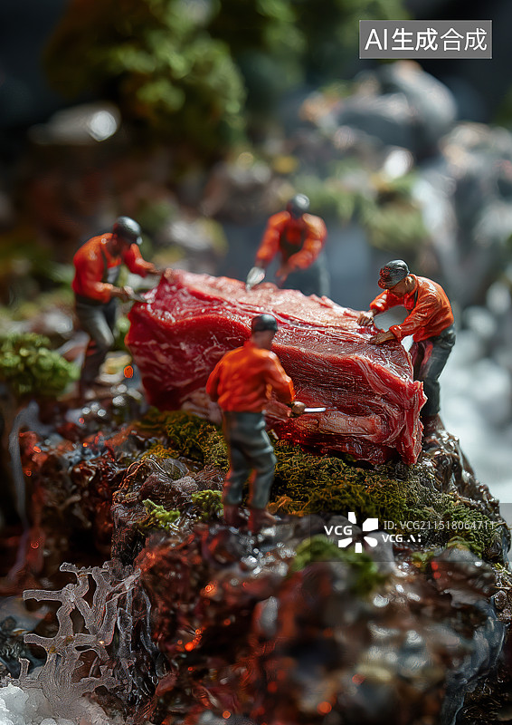 【AI数字艺术】微缩世界一群小人偶正在切割牛排牛肉图片素材