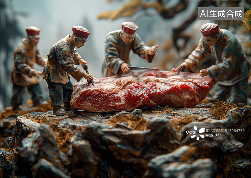 【AI数字艺术】微缩世界一群小人偶正在切割牛排牛肉图片素材