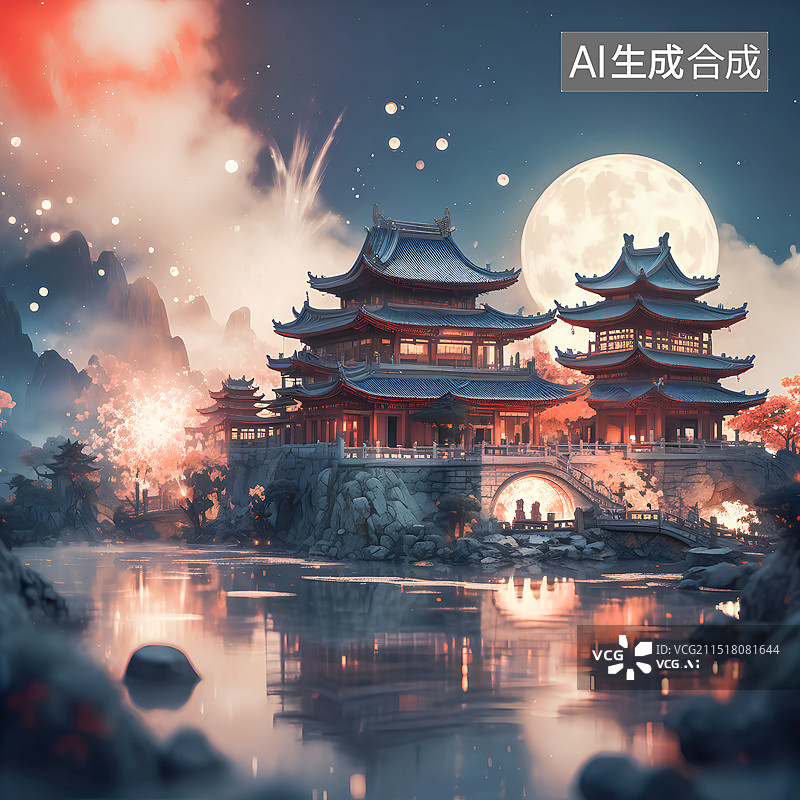 【AI数字艺术】古城烟花中秋节日插画图片素材