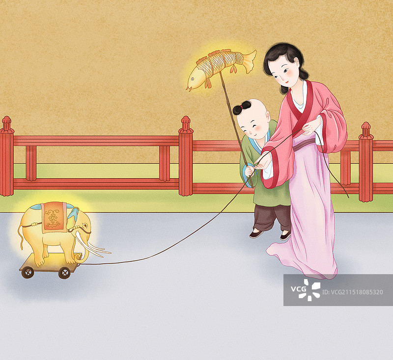 新年年俗正月十四试花灯插画图片素材