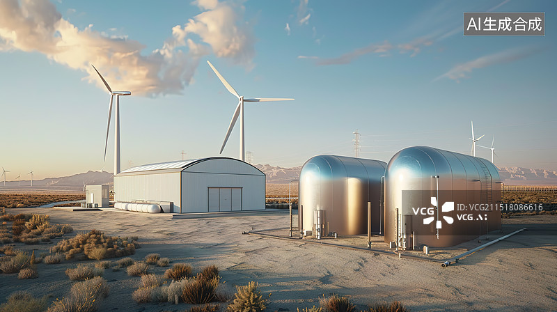 【AI数字艺术】风光制氢产业场景插画——清洁能源发电、储能、制氢图片素材