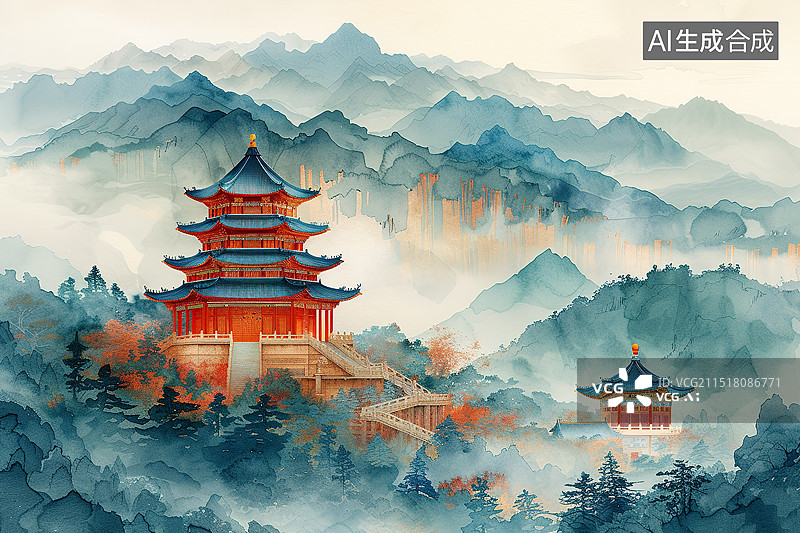 【AI数字艺术】绿石松山中国风传统古建筑风光插画图片素材