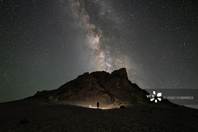 青海省茫崖市黑独山，一位旅人在巨大的火山形状山峰前欣赏星空图片素材