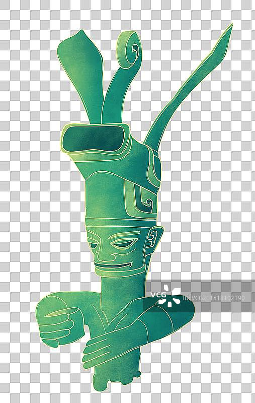 中国四川古蜀文明三星堆文物戴冠青铜人插画图片素材