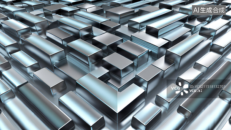 【AI数字艺术】3D渲染，银色金属激光镭射方块组成的科技感抽象背景图，电子商务背景图图片素材