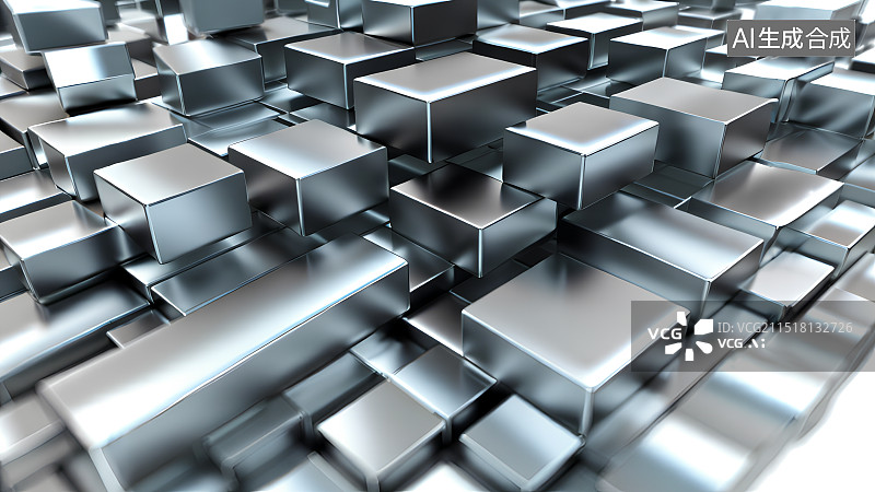 【AI数字艺术】3D渲染，银色金属激光镭射方块组成的科技感抽象背景图，电子商务背景图图片素材