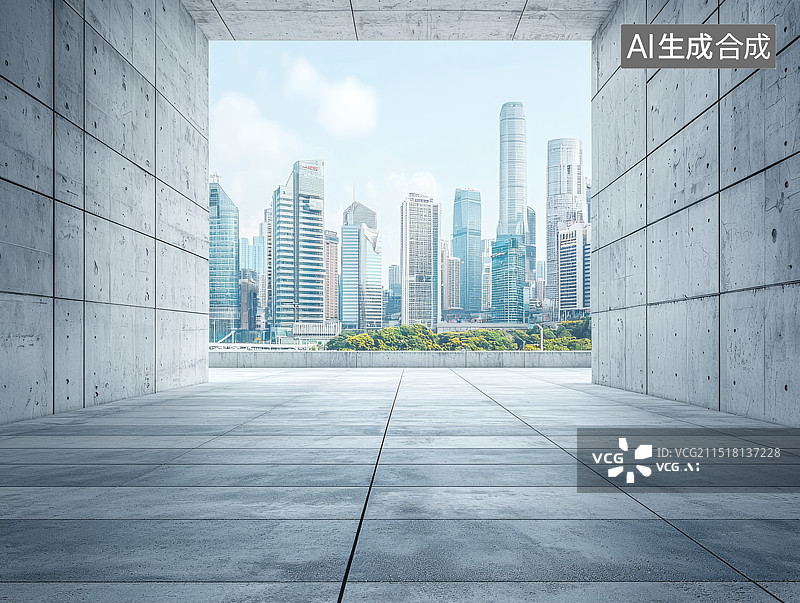 【AI数字艺术】现代混凝土结构走廊的透视效果图片素材