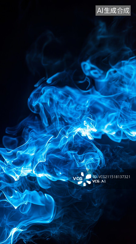 【AI数字艺术】黑色背景下的蓝色火焰燃烧效果图片素材
