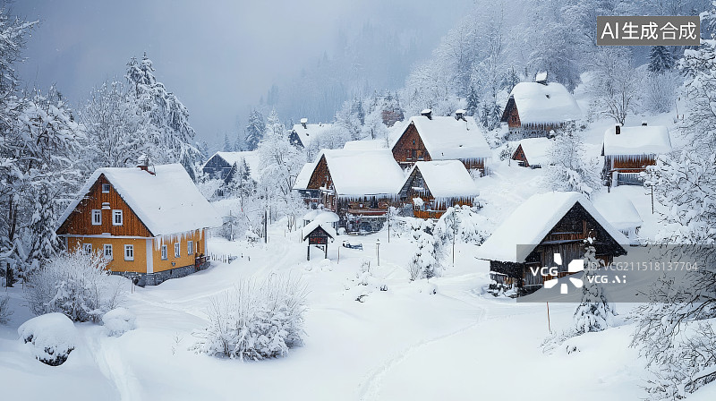 【AI数字艺术】被白雪覆盖的小镇冬日风景图片素材