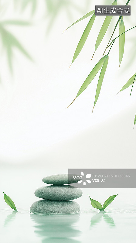 【AI数字艺术】清新禅意背景——竹子、水与鹅卵石图片素材