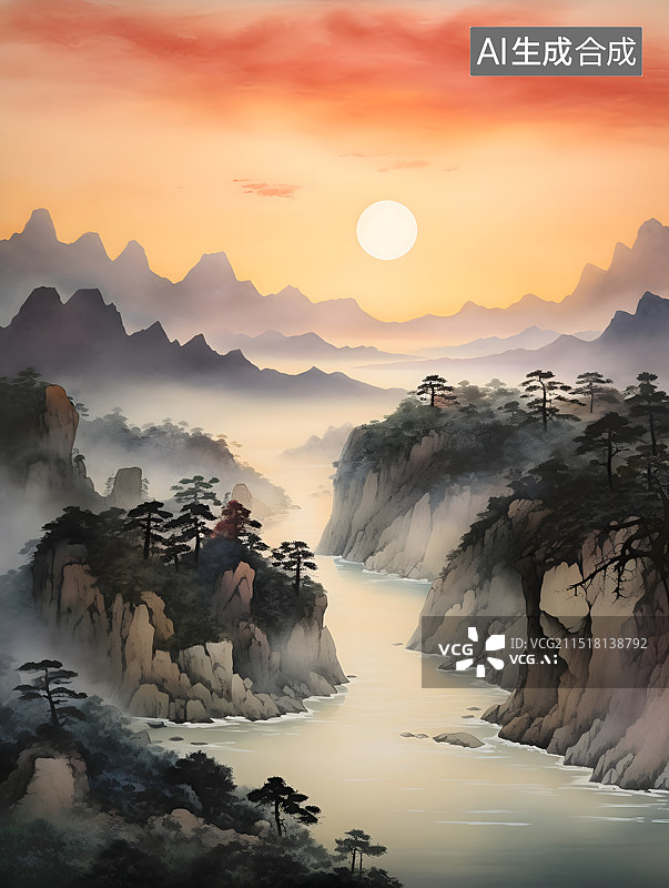 【AI数字艺术】登鹳雀楼-国风水墨画图片素材