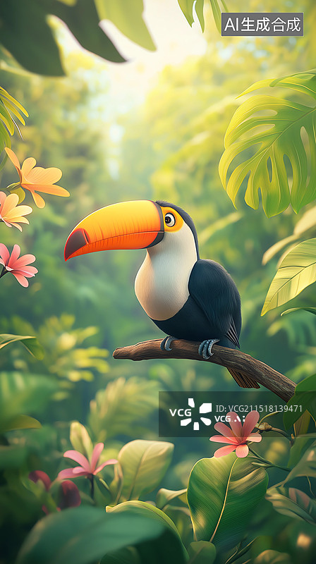 【AI数字艺术】卡通风格动物肖像——热带森林中的巨嘴鸟图片素材