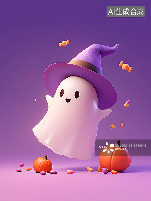 【AI数字艺术】戴着帽子的白色小幽灵万圣节3D图形图片素材