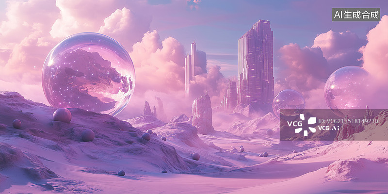 【AI数字艺术】科幻粉色外星地貌和圆球陨石3D立体插画图片素材