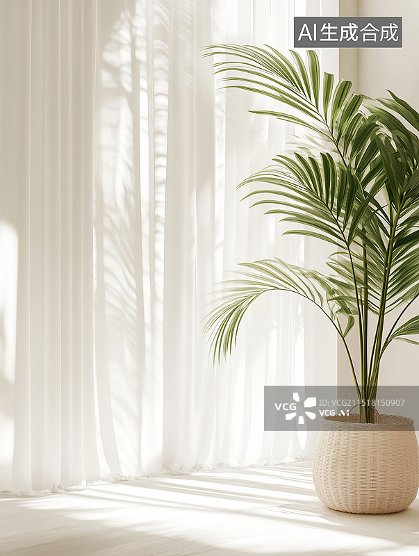 【AI数字艺术】3D室内白色窗帘光影三维空间场景图片素材