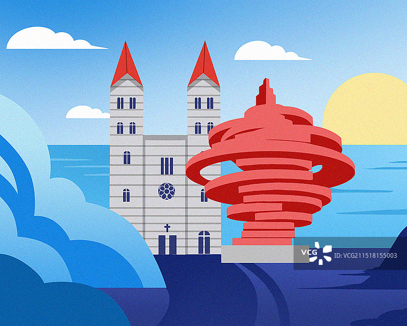 青岛城市扁平插画图片素材