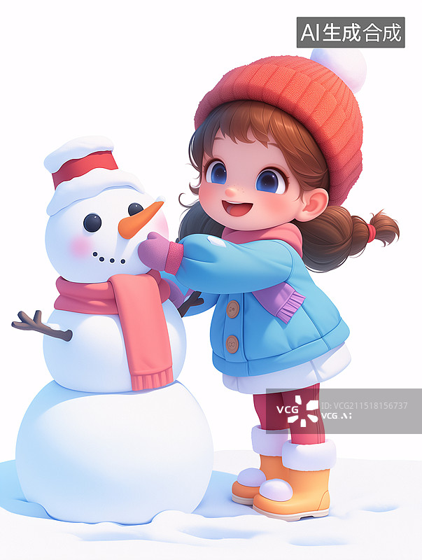 【AI数字艺术】3D雪中玩雪的小女孩图片素材