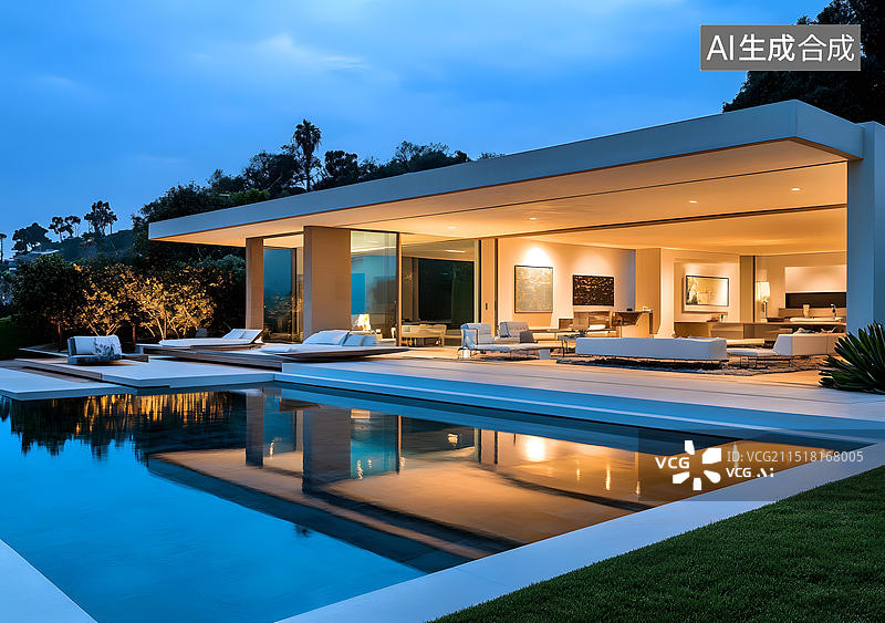 【AI数字艺术】现代建筑与游泳池和后院图片素材