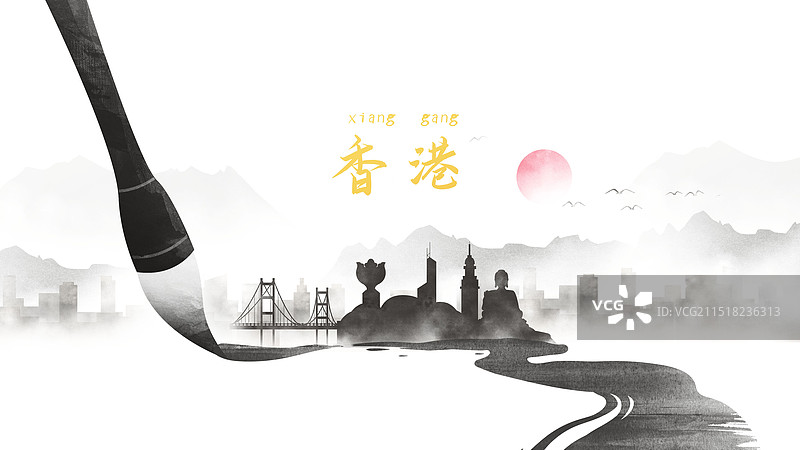 香港中国风水墨城市毛笔洒脱诗意水彩画建筑剪影图片素材