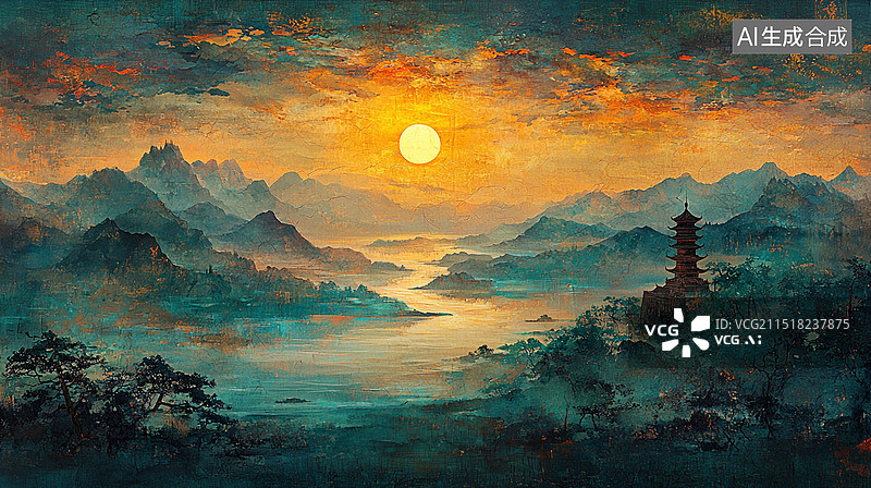 【AI数字艺术】王之涣《登鹳雀楼》，插画图片素材