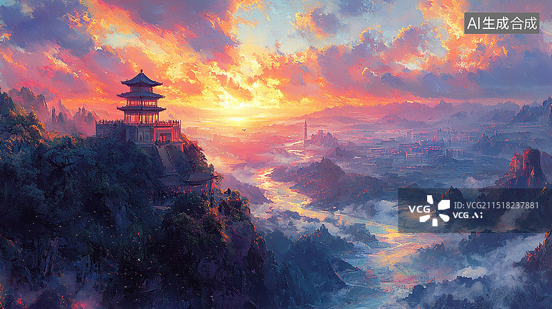 【AI数字艺术】王之涣《登鹳雀楼》，插画图片素材