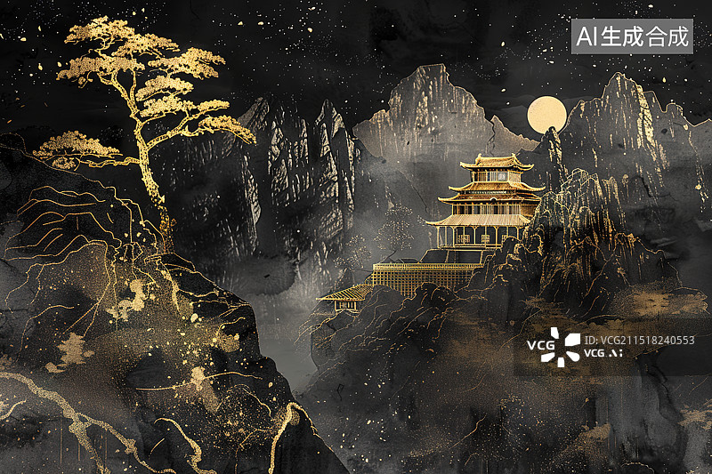【AI数字艺术】黑金风格中国画——夜晚高山上的古建筑图片素材