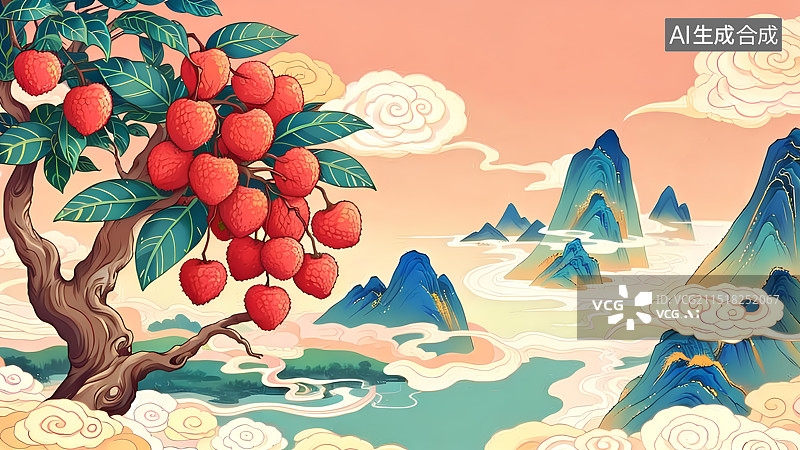 【AI数字艺术】荔枝山水国潮插画图片素材