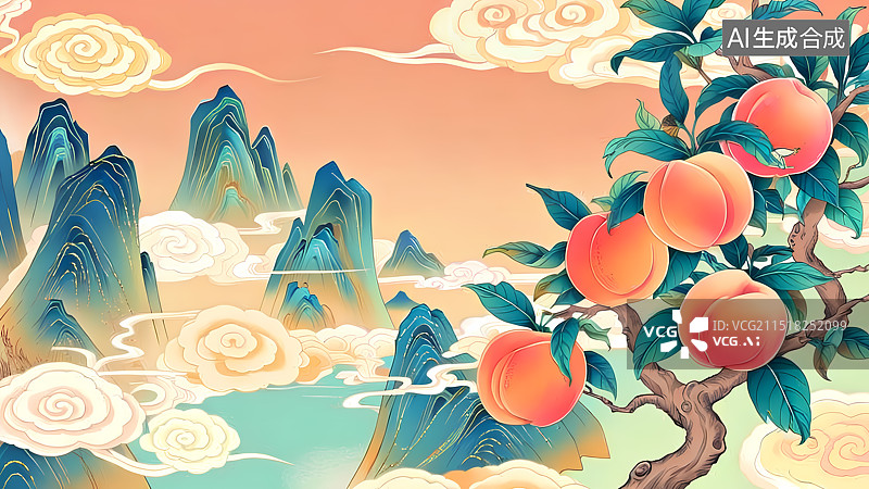 【AI数字艺术】春天桃子山水插画图片素材