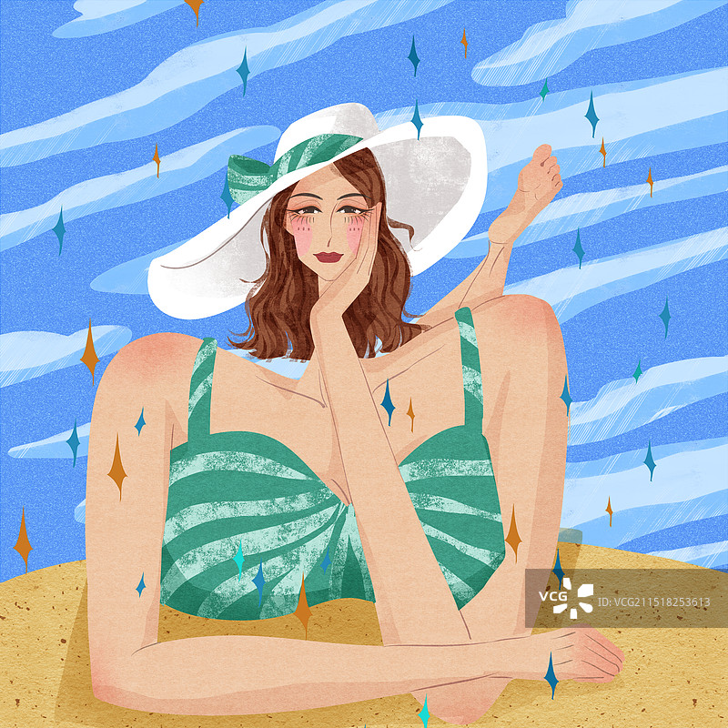 女性晒太阳插画图片素材