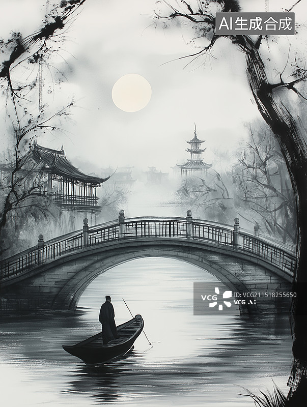 【AI数字艺术】《枫桥夜泊》图，深秋夜，月落鸦啼，枫桥横江，小船泊岸，旅人难眠。寒山寺钟声回荡，满是羁旅思乡的孤寂。图片素材