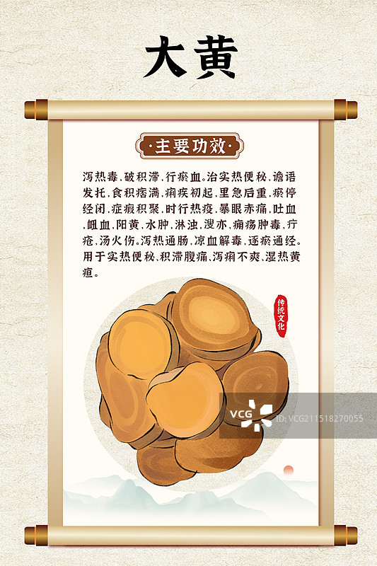 中药药材一大黄的作用和功效介绍手绘插图海报图片素材