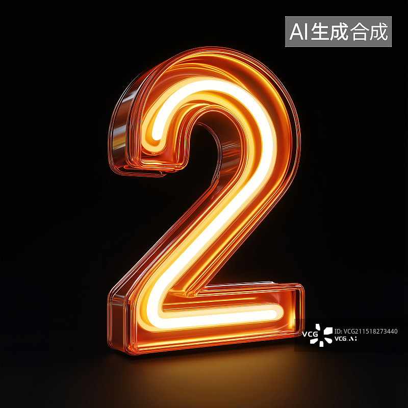 【AI数字艺术】橘色发光霓虹灯数字2图片素材