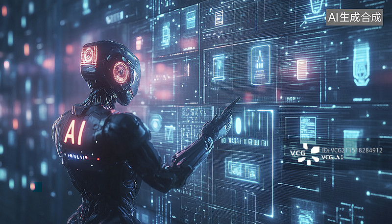 【AI数字艺术】机器人在用脑力劳动进行数据分析图片素材