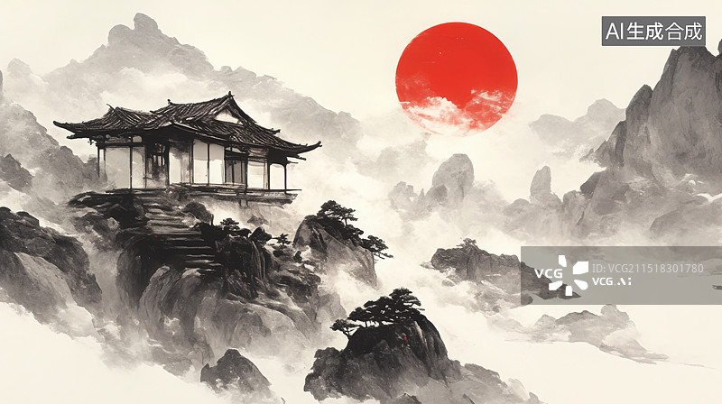 【AI数字艺术】中国古典诗《登鹳雀楼》水墨画》书名号图片素材