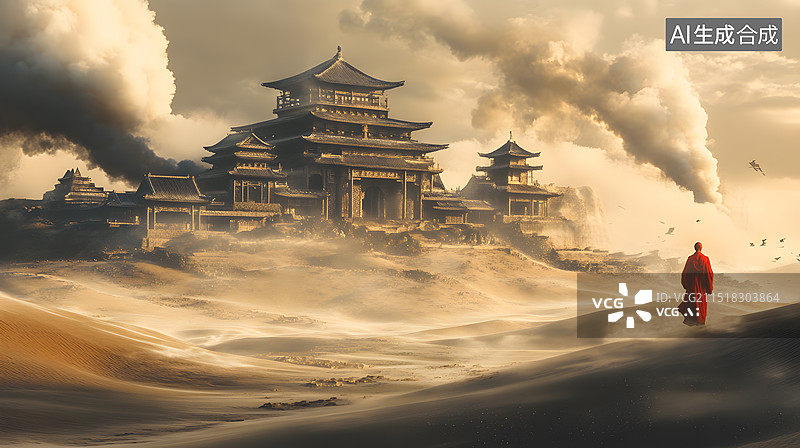 【AI数字艺术】中国风写意沙漠古代建筑图片素材