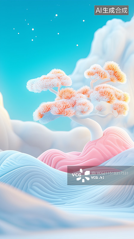 【AI数字艺术】3D创意山石松树图片素材