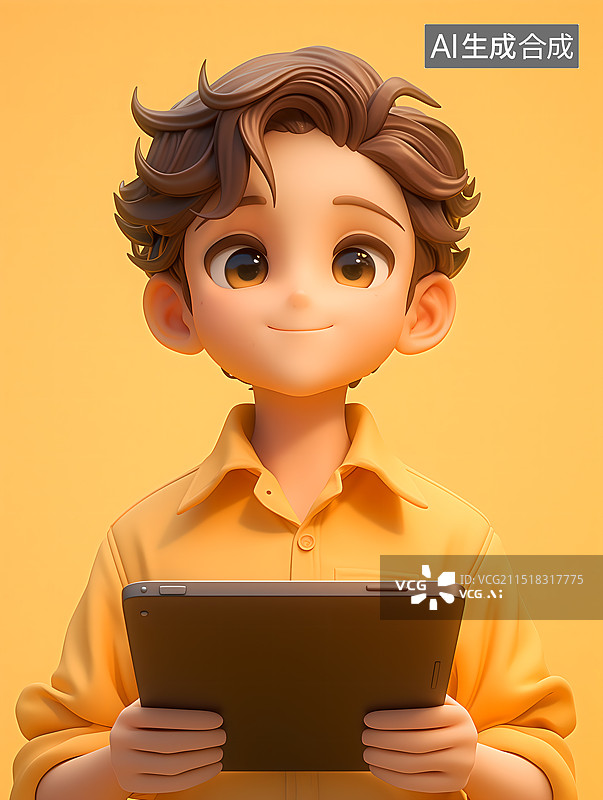 【AI数字艺术】3D卡通男士拿着平板电脑图片素材