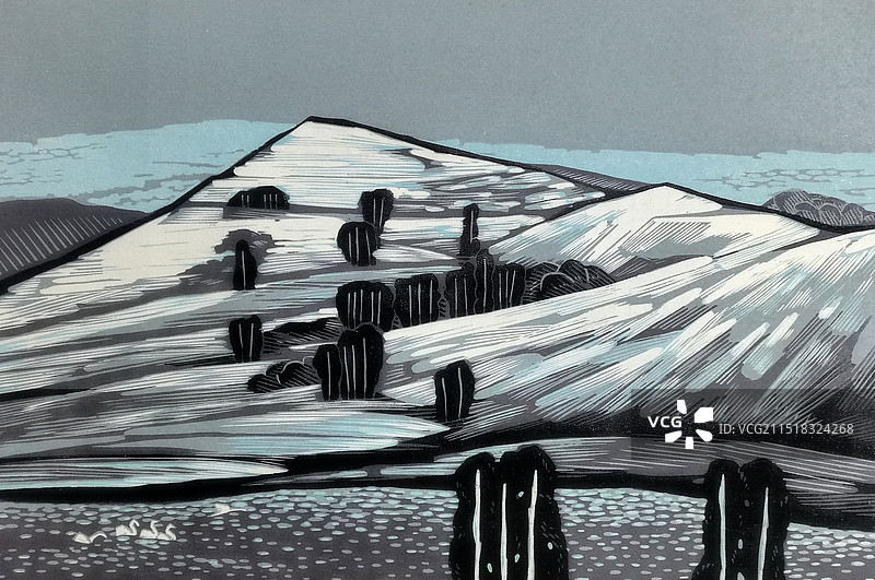 绝版木刻《夜色雪山》图片素材