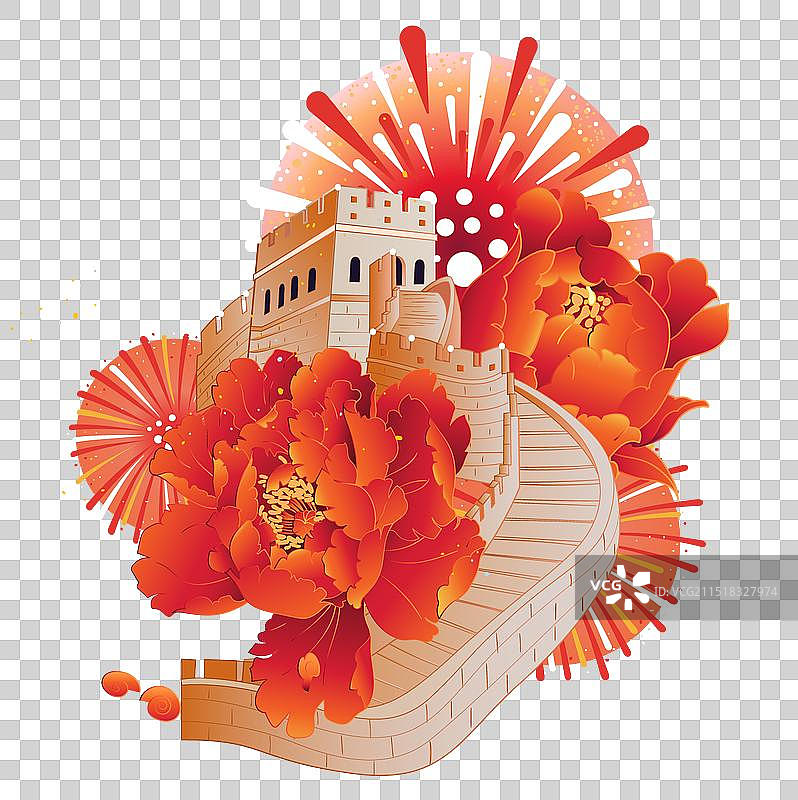红色烟花牡丹长城矢量插画免扣元素图片素材