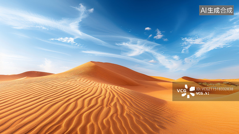 【AI数字艺术】宁静沙漠中的金色沙丘与蓝天景观图片素材