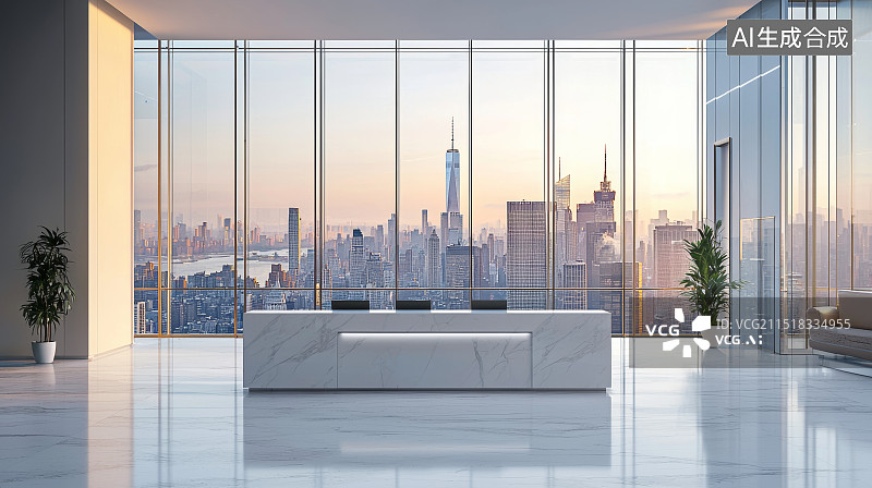 【AI数字艺术】现代办公室大厅与城市景观图片素材