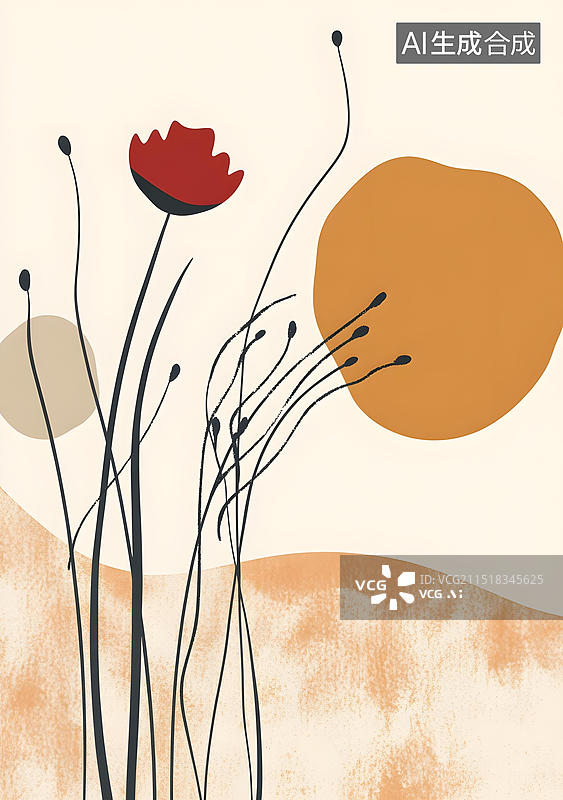 【AI数字艺术】简约抽象花卉艺术红罂粟花几何形状图片素材