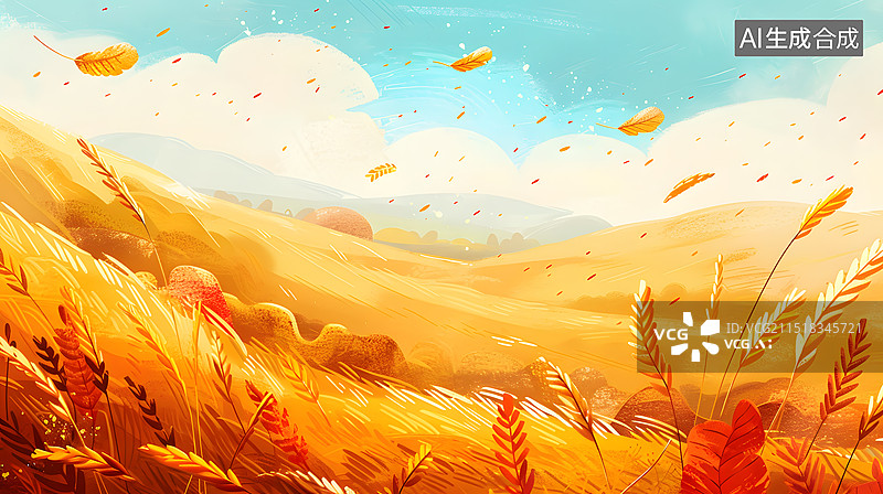 【AI数字艺术】秋天麦田收麦子自然风景卡通漫画插画图片素材