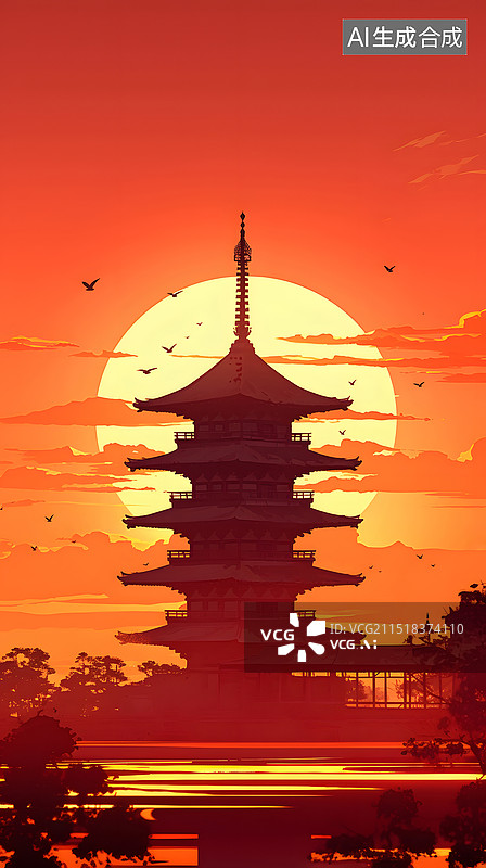 【AI数字艺术】夕阳映照下的古塔图片素材