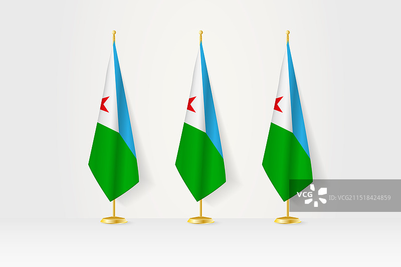 金色旗座上排列的三面吉布提国旗图片素材