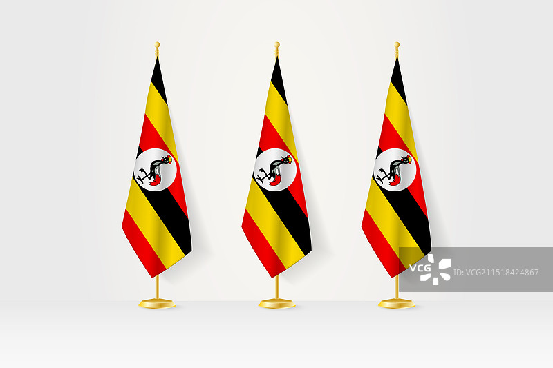 金色旗杆上排列的三面乌干达国旗图片素材