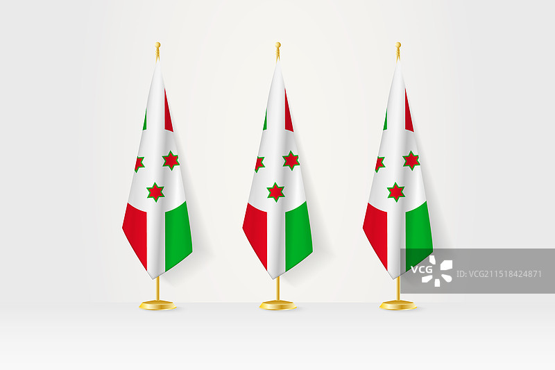 金色支架上的一排三面布隆迪国旗图片素材