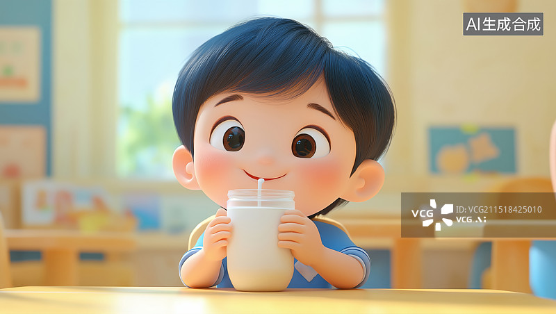 【AI数字艺术】一个在教室喝牛奶的小朋友图片素材