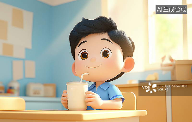 【AI数字艺术】一个在教室喝牛奶的小朋友图片素材